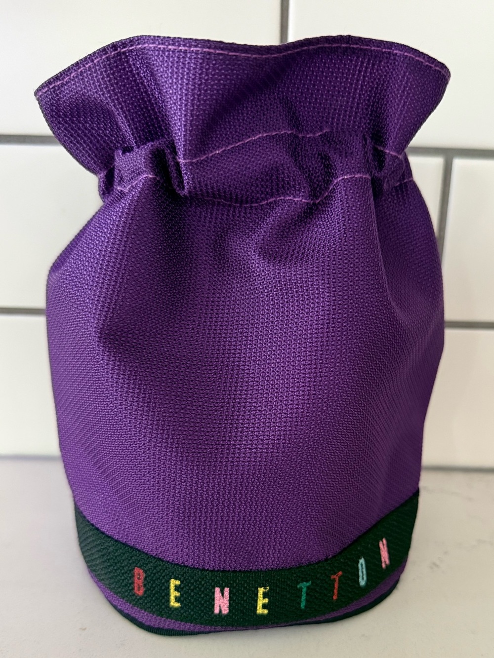 Vintage Benetton Purple Pouch Bag Multicolor Logo Drawstring Cosmetic Travel